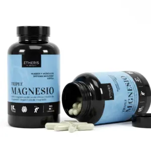 Cápsulas de Triple Magnesio Etheris junto al envase abierto mostrando el producto